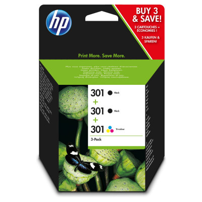 Pack de 3 cartuchos inkjet HP 301 negro (2) y tri-color (1) 190/190/165 páginas E5Y87EE
